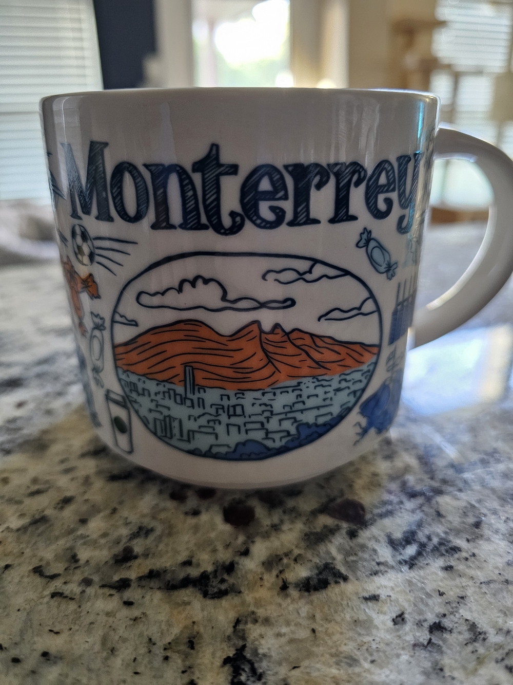 Starbucks Monterrey Scenic Ceramic Coffee Mug - White with Orange & Blue Design